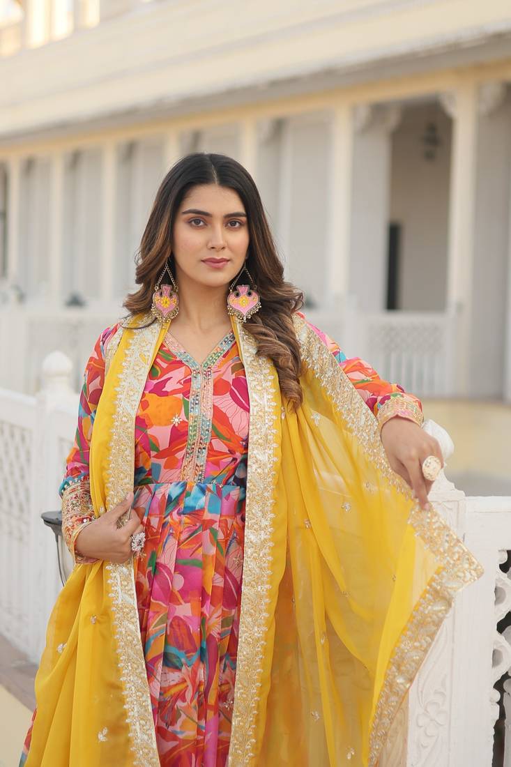 Pink Faux Georgette With digital print Anarkali Suit