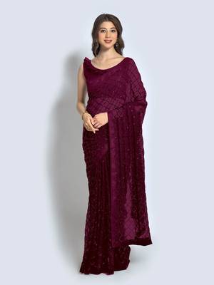 Women Wine Georgette Designer Sequins Sare 1