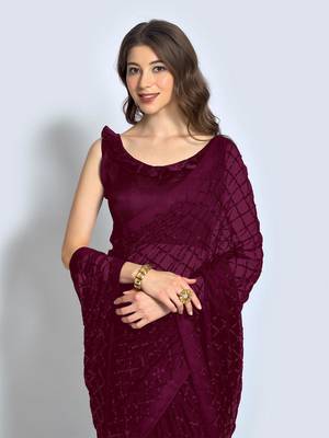 Women Wine Georgette Designer Sequins Sare 3