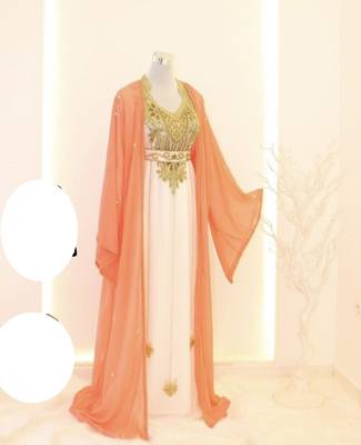 Peach & White Handcrafted Zari work Stitched Dress Georgette Kaftan Party Wear Wedding Dresses 1