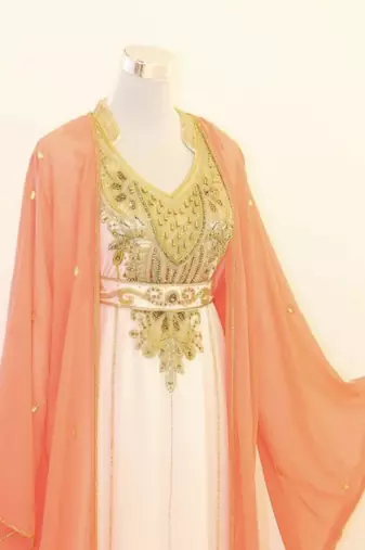 Peach & White Handcrafted Zari work Stitched Dress Georgette Kaftan Party Wear Wedding Dresses