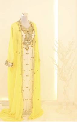 Yellow & White Handcrafted Zari work Stitched Dress Georgette Kaftan Party Wear Wedding Dresses 1