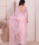 Pink Digital Print  Glass Organza Handwork Zircon Border Designer Saree Blouse