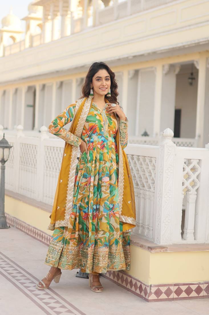 Green Faux Georgette With digital print Anarkali Suit
