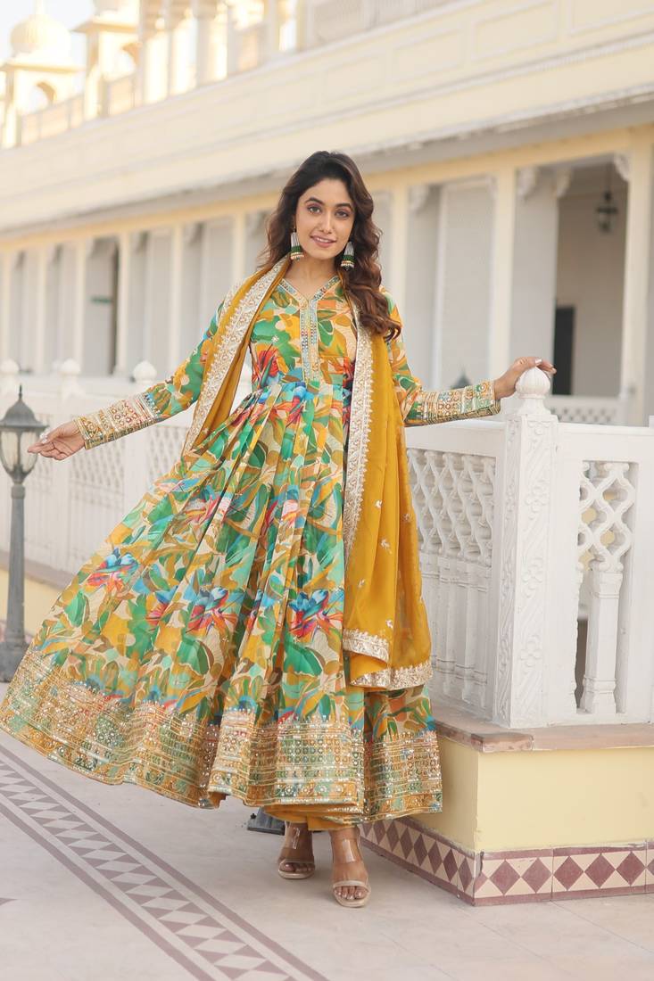 Green Faux Georgette With digital print Anarkali Suit