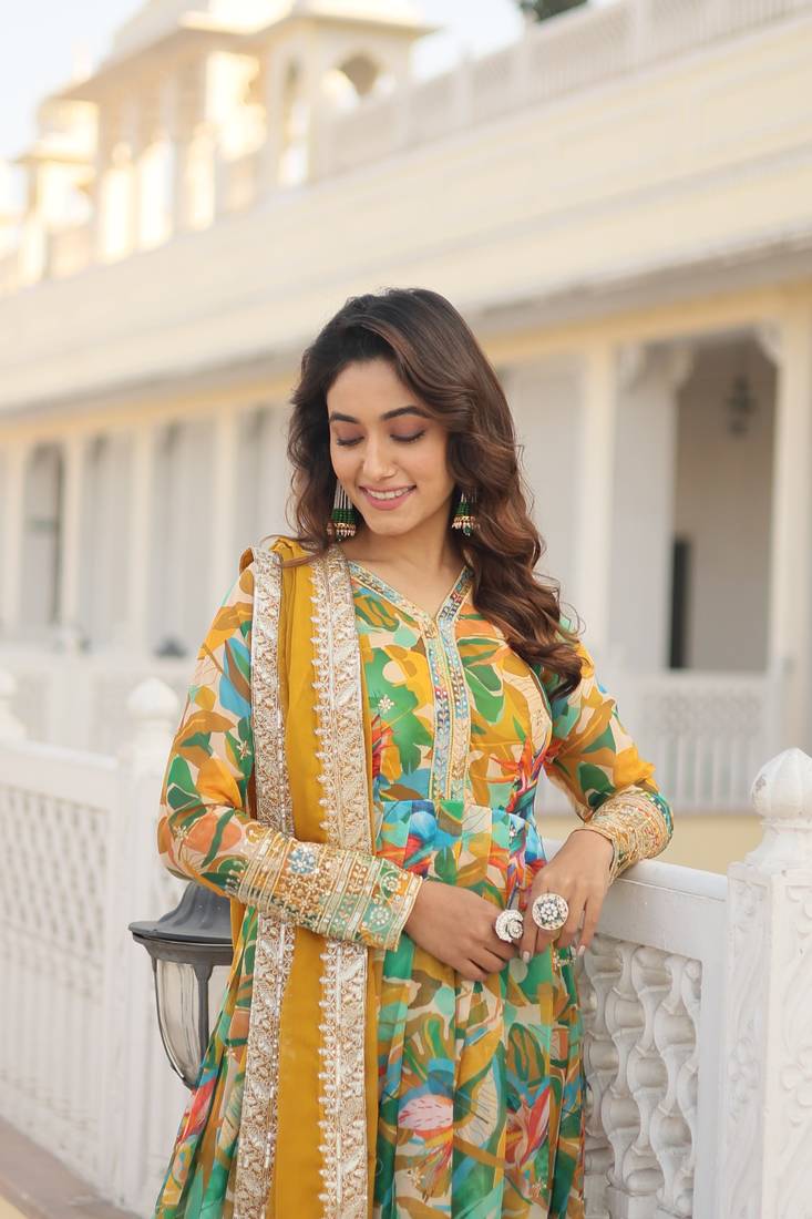 Green Faux Georgette With digital print Anarkali Suit