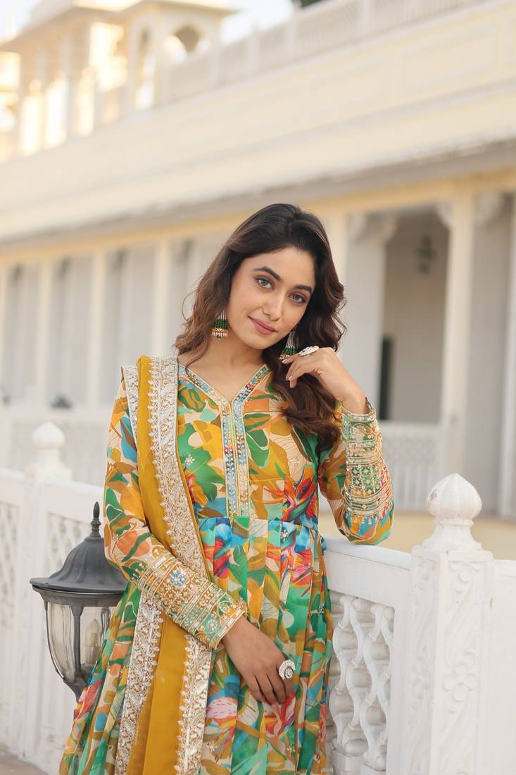 Green Faux Georgette With digital print Anarkali Suit