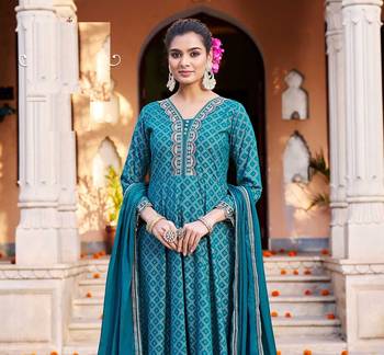 Blue cotton gold print embroidered anarkali full stitched suits 1