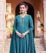 Blue cotton gold print embroidered anarkali full stitched suits