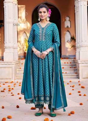 Blue cotton gold print embroidered anarkali full stitched suits 2