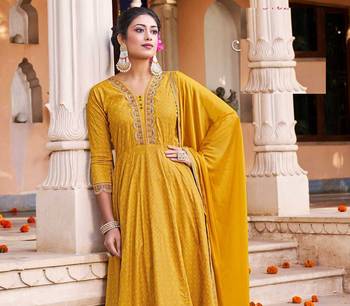 Yellow cotton gold print embroidered anarkali full stitched suits 1