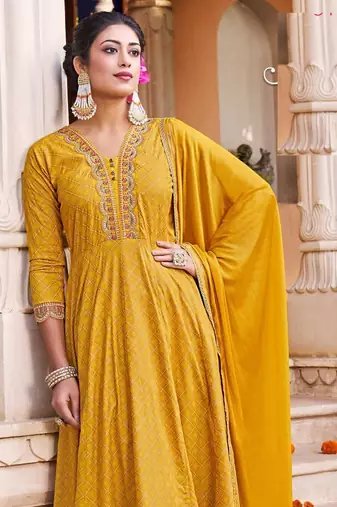 Yellow cotton gold print embroidered anarkali full stitched suits