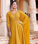 Yellow cotton gold print embroidered anarkali full stitched suits
