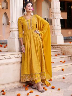 Yellow cotton gold print embroidered anarkali full stitched suits 2