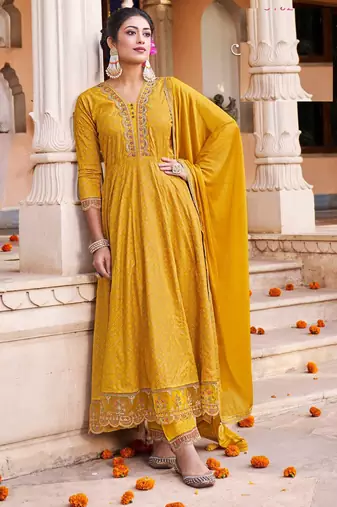 Yellow cotton gold print embroidered anarkali full stitched suits