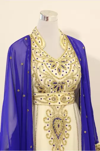 Royal-blue & White Handcrafted Zari work Stitched Dress Georgette Kaftan Party Wear Wedding Dresses