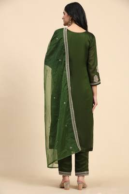 Green Silk Embroidery Salwar Suit Set Kurta Pant with Dupatta for Women 3