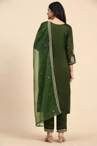 Trendmalls Green Silk Embroidery Salwar Suit Set Kurta Pant with Dupatta for Women
