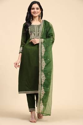 Green Silk Embroidery Salwar Suit Set Kurta Pant with Dupatta for Women 4