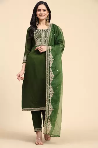 Trendmalls Green Silk Embroidery Salwar Suit Set Kurta Pant with Dupatta for Women