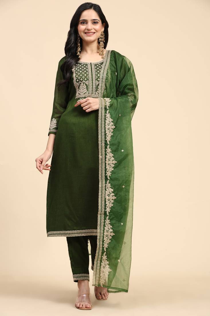 Green Silk Embroidery Salwar Suit Set Kurta Pant with Dupatta for Women