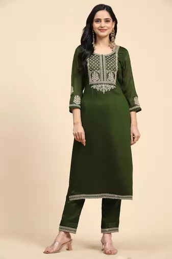Trendmalls Green Silk Embroidery Salwar Suit Set Kurta Pant with Dupatta for Women