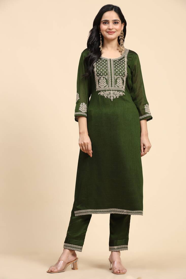 Green Silk Embroidery Salwar Suit Set Kurta Pant with Dupatta for Women