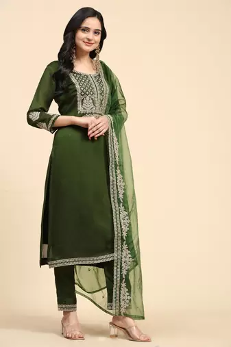 Trendmalls Green Silk Embroidery Salwar Suit Set Kurta Pant with Dupatta for Women