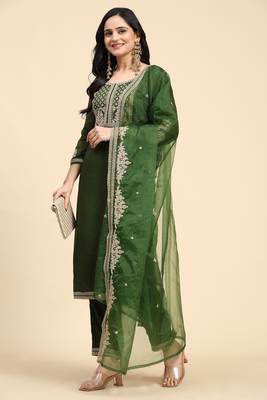 Green Silk Embroidery Salwar Suit Set Kurta Pant with Dupatta for Women 1