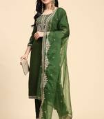 Trendmalls Green Silk Embroidery Salwar Suit Set Kurta Pant with Dupatta for Women