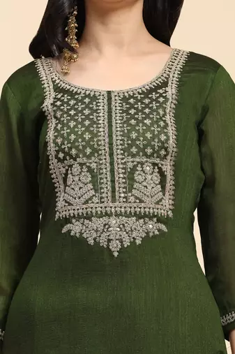 Trendmalls Green Silk Embroidery Salwar Suit Set Kurta Pant with Dupatta for Women