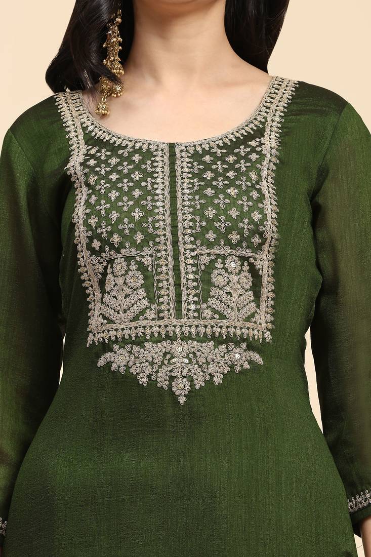 Green Silk Embroidery Salwar Suit Set Kurta Pant with Dupatta for Women