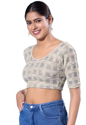 Non-Padded Jacquard Round Neck  Blouse 3