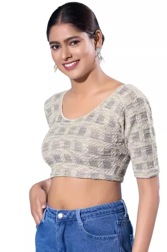 Non-Padded Jacquard Round Neck  Blouse