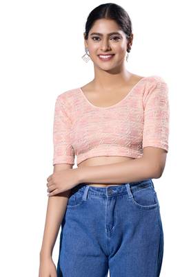 Non-Padded Jacquard Round Neck  Blouse 1