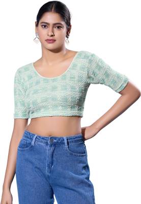 Non-Padded Jacquard Round Neck  Blouse 1