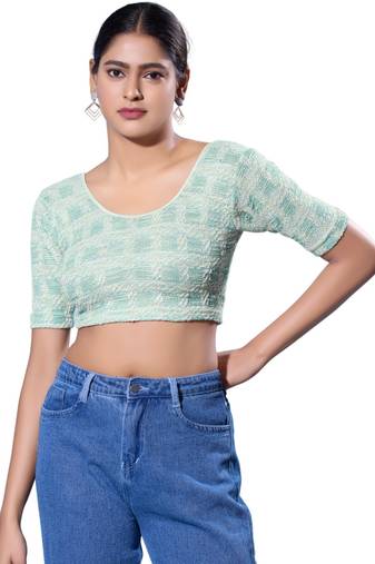 Non-Padded Jacquard Round Neck  Blouse