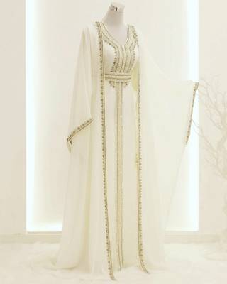 Elegant White Georgette Kaftan Gown with Gold Zari Work 1