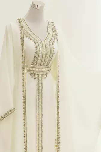 Elegant White Georgette Kaftan Gown with Gold Zari Work