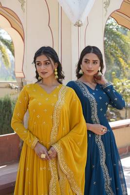 faux georgette with zari sequins embroidered work women's party wear pack of combo gown 2