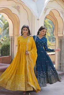 faux georgette with zari sequins embroidered work women's party wear pack of combo gown 3