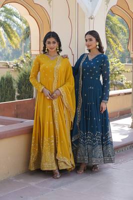 faux georgette with zari sequins embroidered work women's party wear pack of combo gown 4