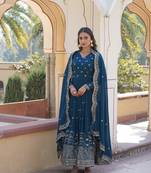 turquoise faux georgette with zari sequins embroidered work women's party wear gown