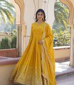 yellow faux georgette with zari sequins embroidered work women's party wear gown
