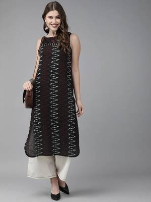 Rayon printed zig zag a-line sleeveless designer kurtis 1