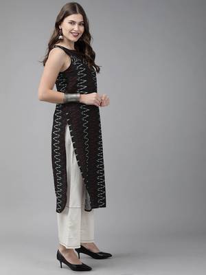 Rayon printed zig zag a-line sleeveless designer kurtis 3