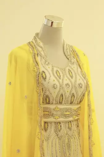 Yellow & White Handcrafted Zari work Stitched Dress Georgette Kaftan Party Wear Wedding Dresses