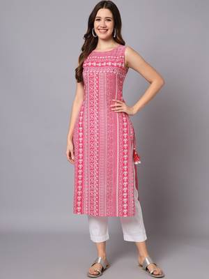Printed jaipuri rayon pink a-line designer sleeveless kurti 1