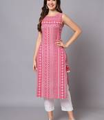 Printed jaipuri rayon pink a-line designer sleeveless kurti