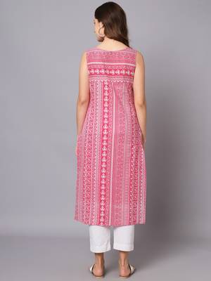 Printed jaipuri rayon pink a-line designer sleeveless kurti 2